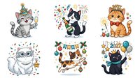 Cute cats celebrating with party decorations, confetti and festive elements isolated on white background, ready for greeting cards, children's designs and holiday projects.