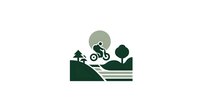 Minimalist green illustration of cyclist riding mountain bike on trail through forest landscape with stylized trees and moon in background.