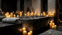Luxurious spa bathroom with dark stone bathtub surrounded by numerous lit candles creating warm ambient lighting, rolled towels, and modern minimalist decor for wellness and relaxation themes.