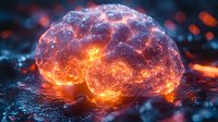 Glowing brain shape with orange and blue light effects, neural network visualization showing synaptic connections and electrical activity in dark background.