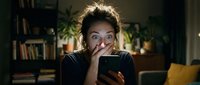 Shocked woman with curly hair holding tablet device, hand covering mouth in surprise while sitting indoors with plants and bookshelves behind her, expressing astonishment and disbelief.