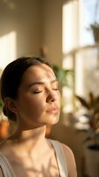 Young Hispanic woman with closed eyes enjoying warm sunlight streaming through window in peaceful home interior for wellness and mindfulness concepts.