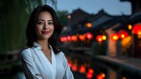Young Asian woman in white blouse smiling at dusk with traditional waterside buildings and red lanterns illuminated in background.