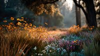 Sunlit autumn garden path with golden ornamental grasses and colorful wildflowers creating dreamy morning atmosphere with soft light rays filtering through trees.