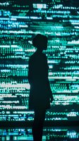 Female silhouette against glowing turquoise digital background with binary code pattern, representing technology and artificial intelligence concepts.