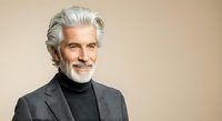 Senior man with white hair and beard wearing dark blazer and turtleneck against neutral background. Mature professional male model for business, corporate, and lifestyle design projects.