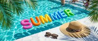 Colorful inflatable summer letters floating in a sparkling pool with a straw hat and sunglasses on marble poolside, tropical palm leaves framing the scene.