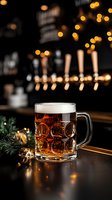 Fresh draft beer in traditional dimpled mug with foam head at bar counter, decorated with Christmas lights and evergreen branches, bokeh background.
