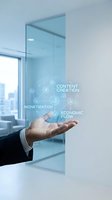 Businessman in formal suit holding open palm with digital holographic icons displaying content creation, monetization, and economic flow concepts in modern office setting.