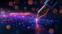 Glowing fountain pen nib on sparkly purple surface with bokeh lights and magical glitter effect creates dreamy artistic atmosphere. Suitable for writing and creativity concepts.