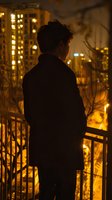 Silhouette of person standing on balcony at night overlooking illuminated city skyline with warm golden lights creating atmospheric urban scene.