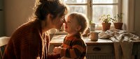 Young Caucasian mother in cozy sweater sharing tender nose-to-nose moment with smiling toddler in warm sunlit kitchen interior.