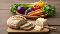 Fresh organic vegetables with artisan bread and cheese on wooden cutting board, healthy farm-to-table ingredients for cooking and meal preparation.