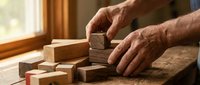 Senior craftsman hands carefully arranging wooden blocks on workbench in warm sunlit workshop. Traditional woodworking and handmade craftsmanship concept.