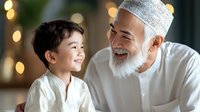 Middle Eastern senior man with white beard wearing traditional clothing and cap sharing joyful moment with young Asian boy against blurred festive lights background.