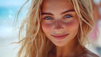 Young blonde woman with blue eyes smiling at camera with natural makeup and tousled hair in bright sunlight creating warm golden hour portrait.