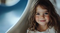 Young girl with brown wavy hair and bright smile looking at camera against blurred background. Natural lighting creates soft glow on child's face. Childhood innocence portrait.