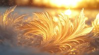 Delicate frost patterns on window glass illuminated by golden sunrise light creating natural feather-like crystal formations in winter morning atmosphere.
