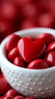 Red heart-shaped candies in white ceramic bowl with soft focus background for Valentine's Day romance and love celebration concepts.