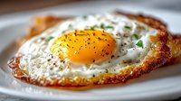 Crispy fried egg with golden runny yolk and black pepper seasoning on white plate, perfect for breakfast menu design and culinary content.