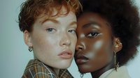 Two diverse women with contrasting features posing close together against minimal background, showcasing beauty in diversity for cosmetic advertising.