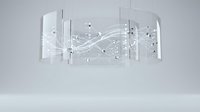 Modern white chandelier with flowing curved arms and crystal accents hanging in minimalist interior space with clean walls and floor.