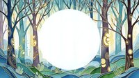 Mystical forest clearing with glowing orb light surrounded by stylized trees and flowing streams creating magical woodland scene for fantasy designs.
