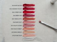 Lipstick color swatches palette showing various shades from deep red to nude tones with labels on neutral fabric background for makeup testing.