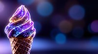 Glowing cosmic ice cream cone with swirling galaxy colors against dark bokeh background, creating magical dessert illusion.