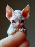 Tiny hairless sphynx kitten with large eyes and wrinkled skin sitting on finger tip against dark background, showcasing miniature size and delicate features.