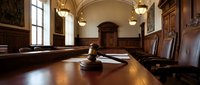 Traditional wooden courtroom interior with judge gavel on desk, leather chairs and classic architecture for legal proceedings and justice concepts.