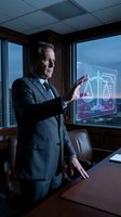 Professional mature Caucasian businessman in suit interacting with holographic justice scales interface in modern office with city view at dusk.