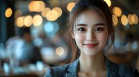 Young Asian woman with gentle smile and natural makeup against blurred bokeh lights background in evening restaurant setting, wearing casual blue outfit.