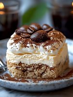 Layered cream cake slice with coffee beans and cocoa powder on ceramic plate. Close up view shows moist sponge base, whipped cream filling and dusted topping.