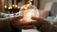 Young adult with medium skin tone holding glowing orb with geometric light patterns, symbolizing innovation, technology, and future vision for business, science, and creative concepts.