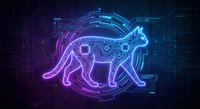 Futuristic neon cat silhouette with circuit board patterns and glowing tech elements on dark digital background for cyberpunk designs.