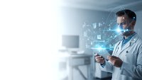 Male doctor using futuristic holographic technology interface in modern medical facility for digital healthcare innovation and telemedicine applications.