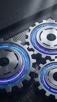 Futuristic metallic gears with glowing blue neon circuits on dark tech background for industrial automation and digital transformation concepts.