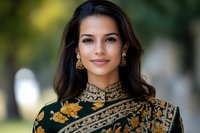 Young Hispanic woman wearing traditional dark green and gold embroidered sari with ornate jewelry smiling at camera against soft bokeh background.