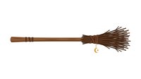 Wooden broom with natural straw bristles and decorative binding, isolated on white background for design, cleaning, household, and vintage themed projects.