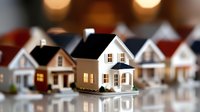 Miniature neighborhood houses with glowing windows on reflective surface, creating cozy evening atmosphere with bokeh lights in background.