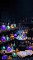 Magical alchemy laboratory with colorful potion bottles, smoking cauldron and ancient spellbooks on wooden shelves in mystical witch workshop setting.