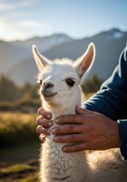 White llama being held and petted by a person with brown skin in a mountainous landscape during golden hour, suitable for animal care and wildlife content.