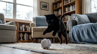 Black cat playing with toy ball on living room floor near sofa and bookshelf, domestic pet entertainment and indoor playtime.