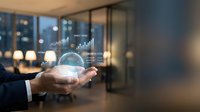 Businessman hand displaying holographic financial data charts and graphs in modern office environment for business analytics and digital technology solutions.