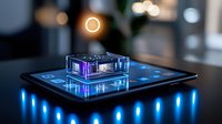Futuristic microchip processor on digital tablet display with glowing blue interface and holographic elements. Modern computing technology concept with neon lighting effects.