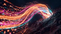 Glowing neon light waves flow across rocky terrain with vibrant orange, pink, and cyan particles creating dynamic energy trails for digital art and motion graphics projects.