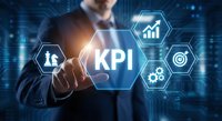 Businessman touching KPI key performance indicator interface with digital analytics icons on futuristic blue technology background for business metrics.