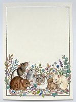 Watercolor card with cute rats and wildflowers at the bottom, silver border frame, blank space for text, cozy nature art for stationery and greeting cards.