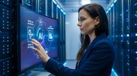 Professional woman interacting with AI holographic interface in modern data center server room for technology and artificial intelligence concepts.